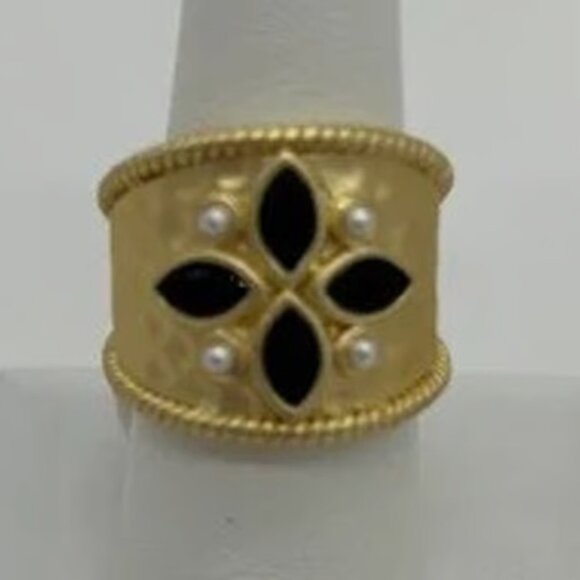 Matte Gold Wide Band Onyx Marquis Statment Ring Sz. 8 - Picture 2 of 2